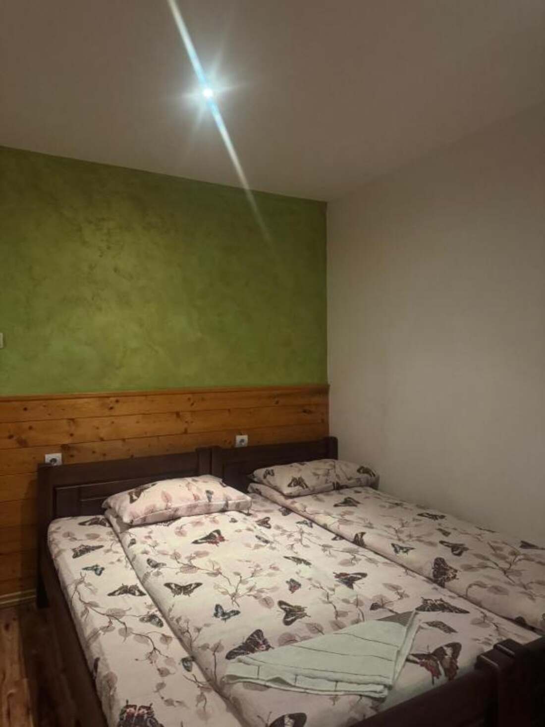 Guest room interior with green wall and wooden panelling