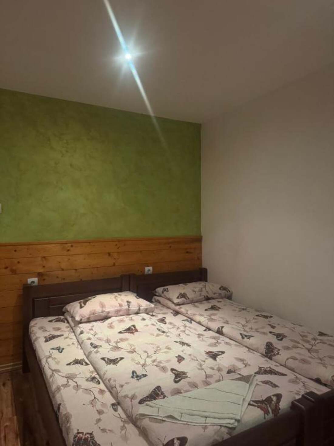 Guest room with twin beds and wooden headboard